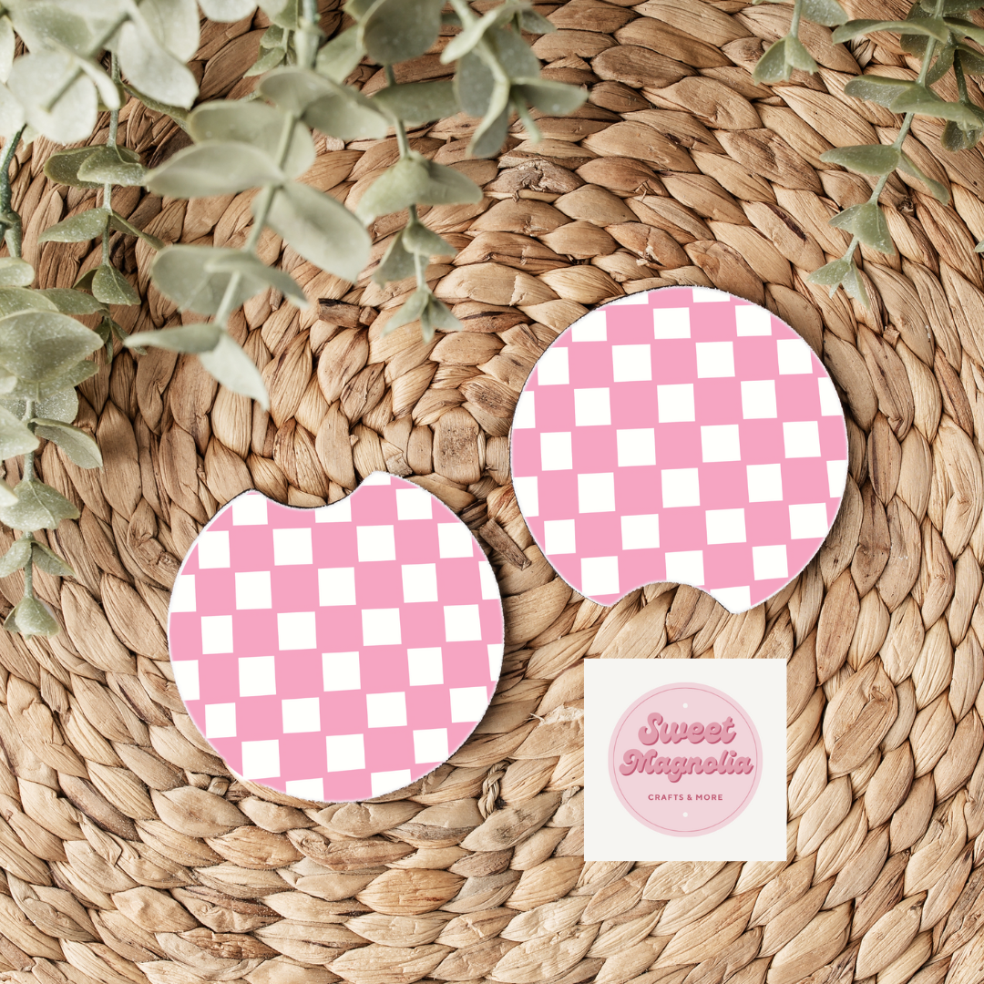 Baby Pink Checkered Car Coasters