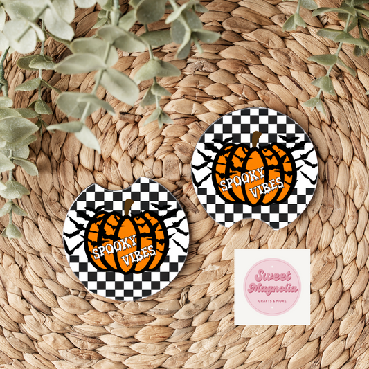 Checkered Spooky Vibes Car Coasters